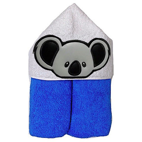Hooded bath beach swim towel in blue with white hood. Hood has the face of a grey and black koala appliquéd in the centre. Ready to be personalised with a name.