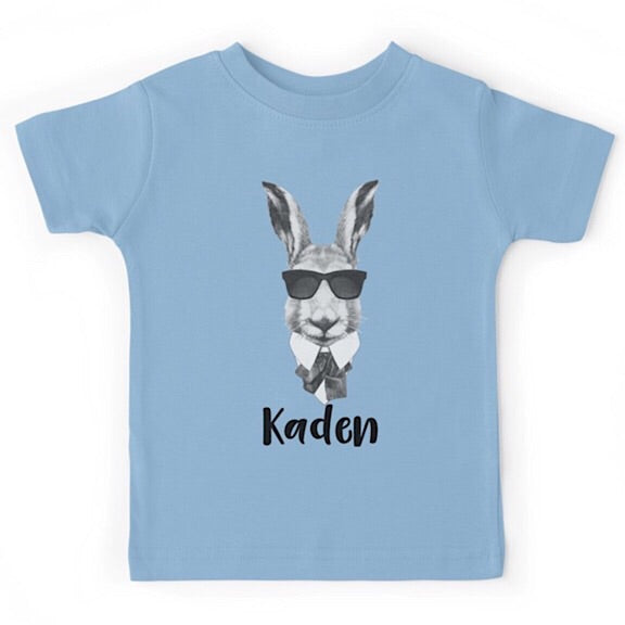 Light blue short sleeved tshirt with a bunny head earring sunglasses, personalised with a name