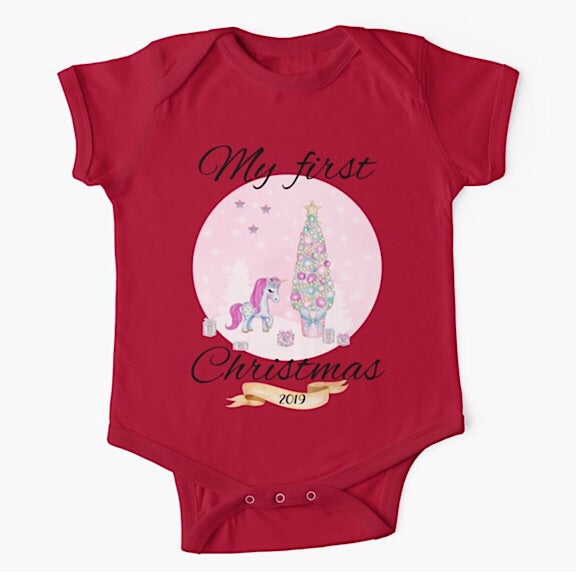 Personalised red short sleeved baby onesie bodysuit for first Christmas with a unicorn and christmas tree in pink and purple shades