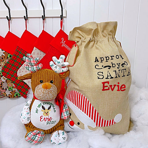 Personalised Christmas Plushie Reindeer, santa sack and stockings.