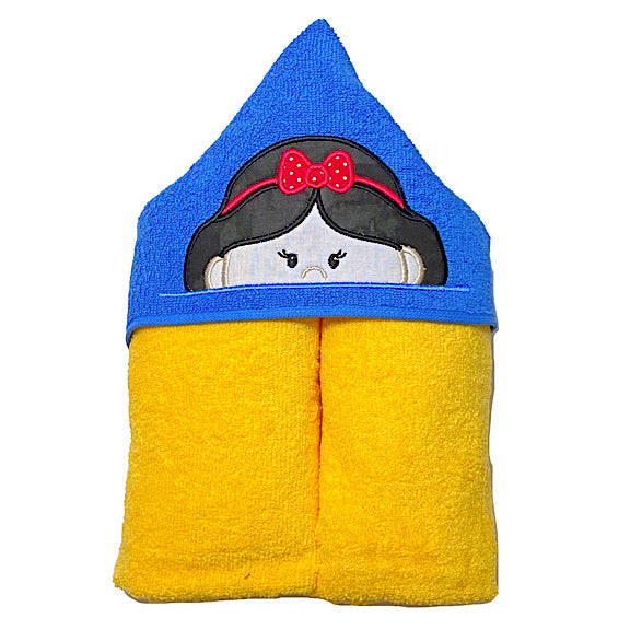 Hooded bath beach swim towel in yellow with blue hood. Hood has the face of fair princes with black hair and red bow in the hair appliquéd in the centre. Ready to be personalised with a name.