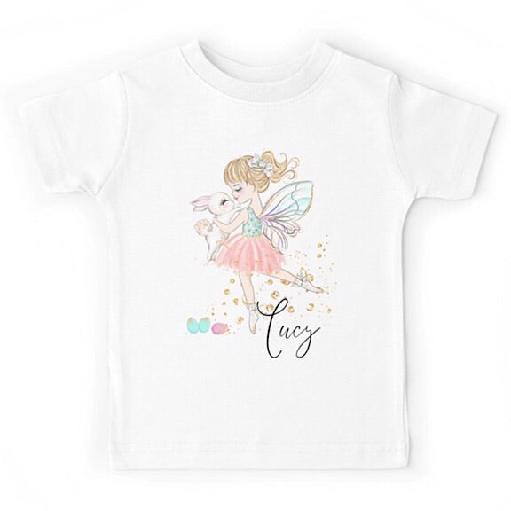 White short sleeved tshirt with fairy ballerina dancing with a white easter bunny, personalised with a name