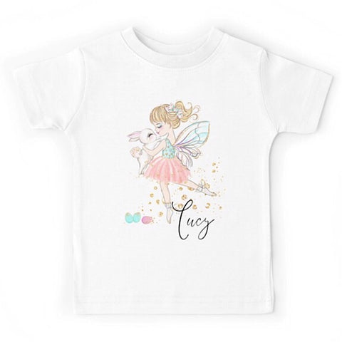 White short sleeved tshirt with fairy ballerina dancing with a white easter bunny, personalised with a name