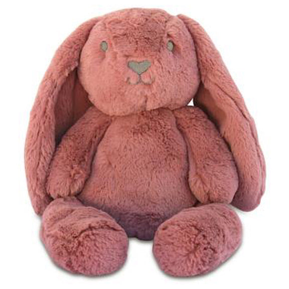 Long eared bunny plushie soft toy in the colour dusty pink and named Bella Huggie Bunny