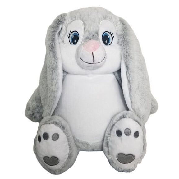 Grey and white bunny rabbit plushie teddy with large blue eyes, with a white belly ready to be personalised