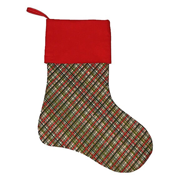 Large Christmas Stocking in green, cream and red tartan with red stars with a large red cuff personalised with a name.