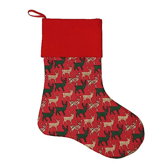 Large Christmas Stocking with green and tartan reindeer on a red background with a large red cuff personalised with a name