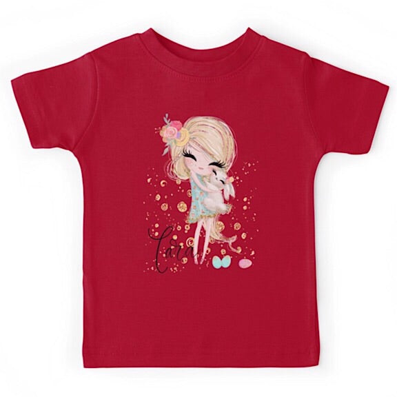 Red short sleeved tshirt with a blonde haired girl cuddling a white bunny, personalised with a name