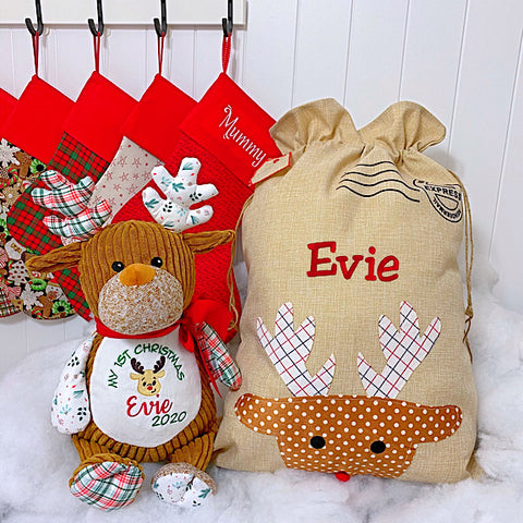 Personalised Christmas reindeer plushie, santa sack and stockings