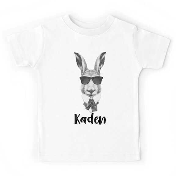 White short sleeved tshirt with a bunny head earring sunglasses, personalised with a name