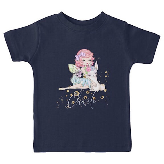 Dark blue short sleeved tshirt with a fairy girl cuddling a white easter bunny, personalised with a name