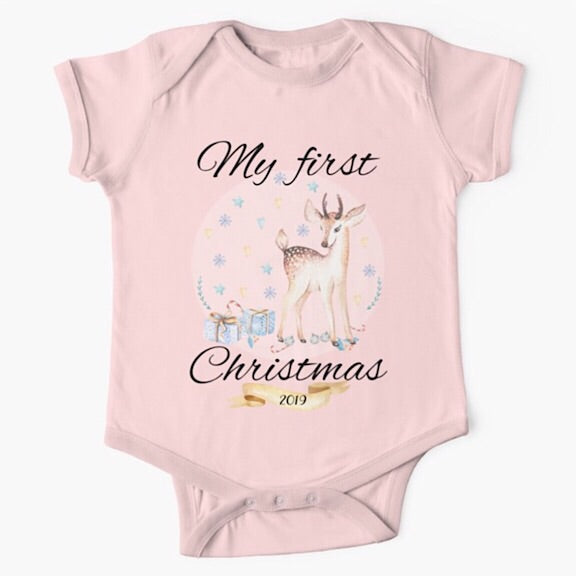 Personalised light pink short sleeved baby onesie bodysuit for first Christmas with a vintage styled deer surrounded by Christmas presents and gifts