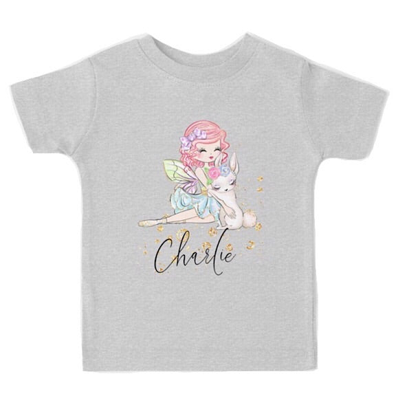 Light grey short sleeved tshirt with a fairy girl cuddling a white easter bunny, personalised with a name