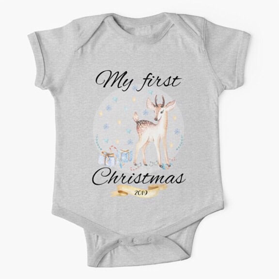 Personalised light grey short sleeved baby onesie bodysuit for first Christmas with a vintage styled deer surrounded by Christmas presents and gifts