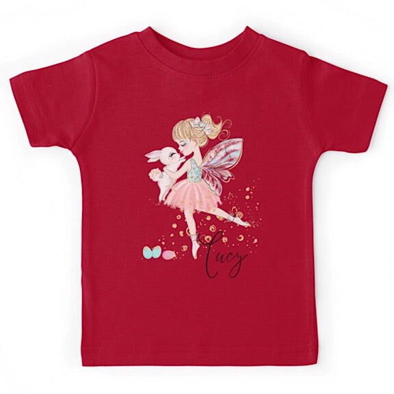 Red short sleeved tshirt with fairy ballerina dancing with a white easter bunny, personalised with a name  Edit alt text