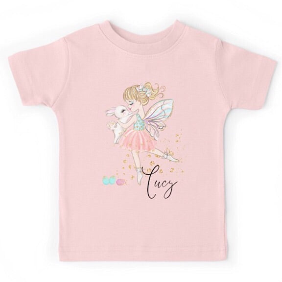 Light pink short sleeved tshirt with fairy ballerina dancing with a white easter bunny, personalised with a name