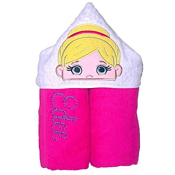 Hooded bath beach swim towel in pink with white hood. Hood has the face of blond haired ballerina appliquéd in the centre. Personalised with a name.
