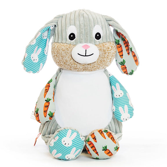 Grey harlequin bunny rabbit plushie teddy featuring orange and grey carrot fabric and blue and white bunny fabric on the ears and limbs, with a white belly ready to be personalised