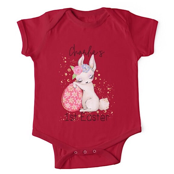 Short sleeved red baby onesie for a first easter with a sleepy bunny resting against an Easter egg  personalised with a name