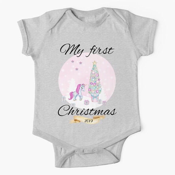 Personalised light grey short sleeved baby onesie bodysuit for first Christmas with a unicorn and christmas tree in pink and purple shades