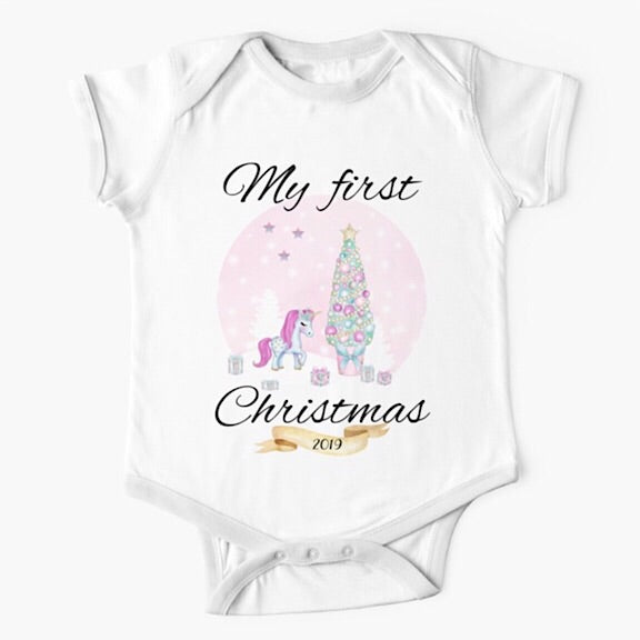 Personalised white short sleeved baby onesie bodysuit for first Christmas with a unicorn and christmas tree in pink and purple shades