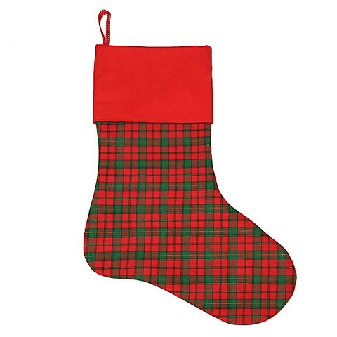 Large Christmas Stocking in red and green tartan with a large red cuff personalised with a name.