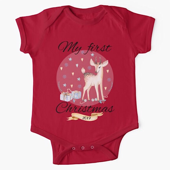 Personalised red short sleeved baby onesie bodysuit for first Christmas with a vintage styled deer surrounded by Christmas presents and gifts