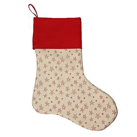 Large Christmas Stocking in cream background with red stars with a large red cuff personalised with a name.