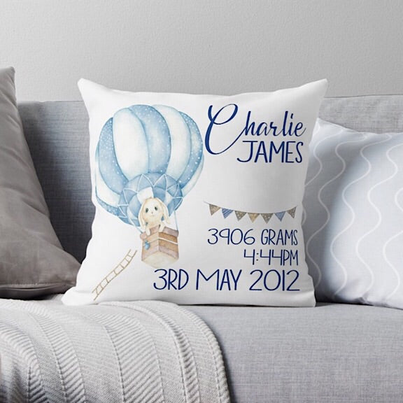 Bunny in Hot Air Balloon Birth Announcement Cushion
