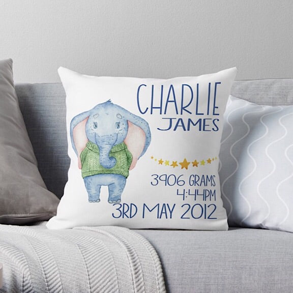 Boy Elephant Birth Announcement Cushion
