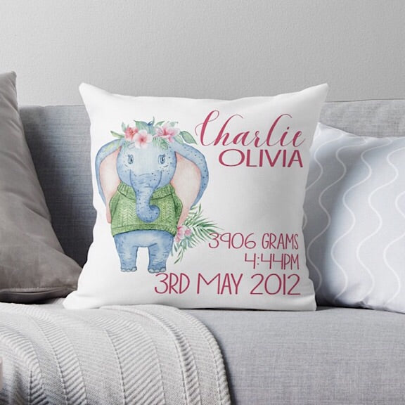 Girl Elephant Birth Announcement Cushion