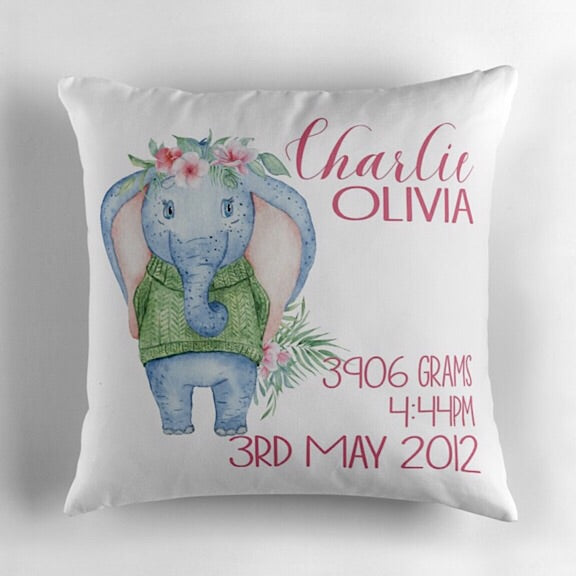 Girl Elephant Birth Announcement Cushion