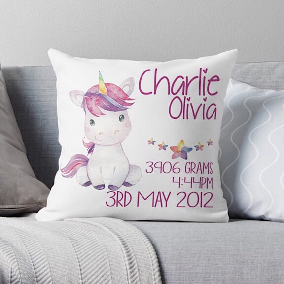 Rainbow Unicorn Birth Announcement Cushion