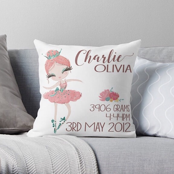 Pink Ballerina Birth Announcement Cushion
