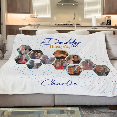 Personalised fleece minky blanket for dad, daddy for fathers day with photos included on an aqua spot background