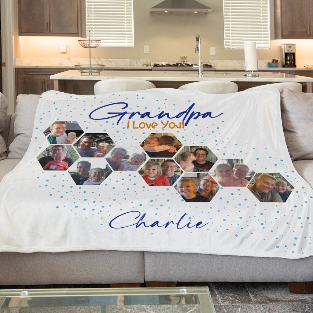 Personalised fleece minky blanket for grandpa or granddad for fathers day with photos included on an aqua spot background