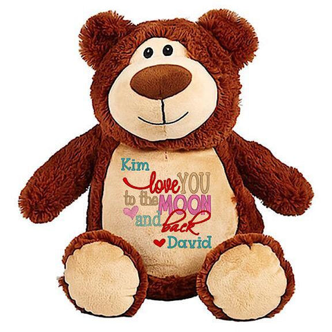 Brown bear plushie teddy with embroidered personalised love you to the moon and back message for Valentines Day
