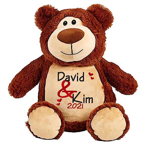 Brown bear plushie teddy with embroidered personalised Me and You with year message for Valentines Day
