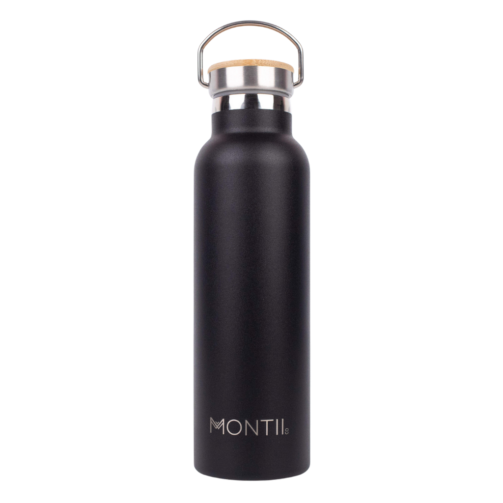 Montiico Original Drink Bottle in the colour black coal with bamboo screw top lid