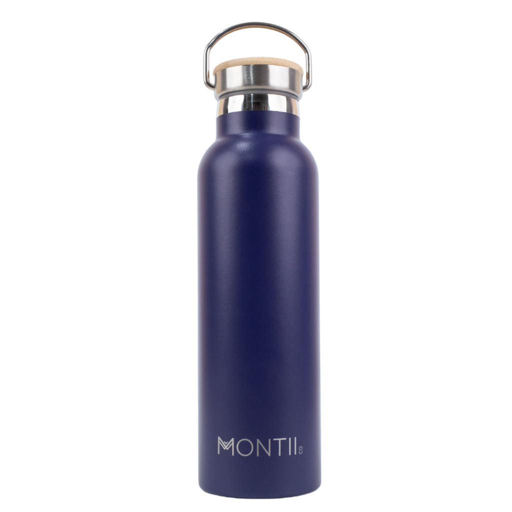 Montiico Original Drink Bottle in the colour cobalt navy blue with bamboo screw top lid