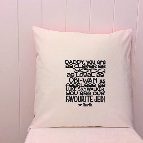 White cushion embroidered with a saying about our favourite Jedi with love from Charlie perfect for a personalised fathers day present