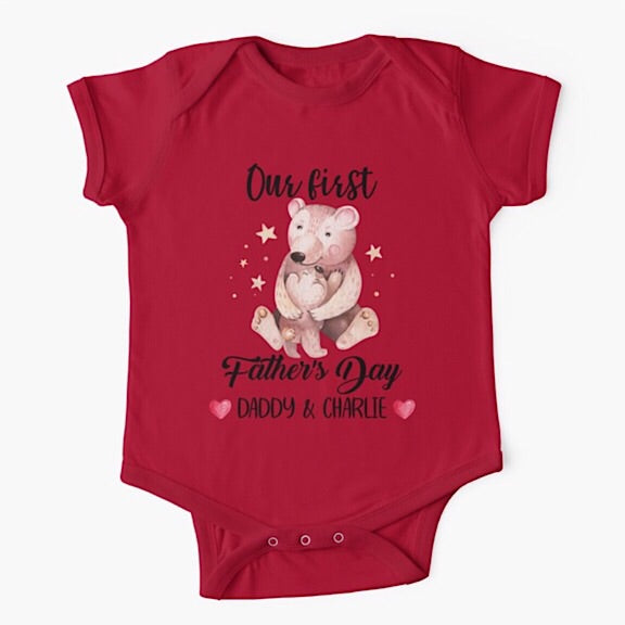 Personalised red short sleeved baby onesie bodysuit for daddys first fathers day with the names of both father and child combined with a watercolour painting of a papa bear hugging a baby bear