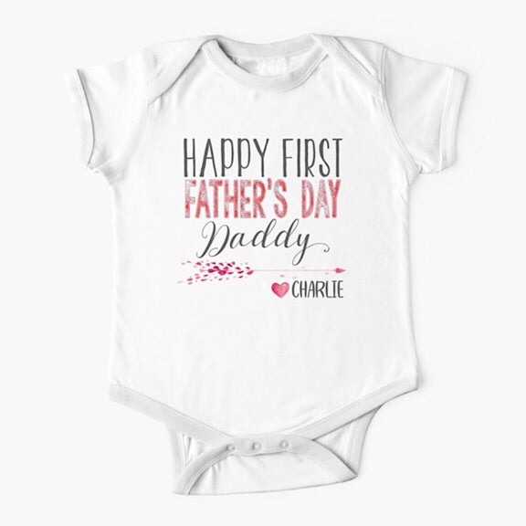 White short sleeved baby onesie bodysuit with the words Happy First Father's Day Daddy in grey and red and personalised with the baby's name