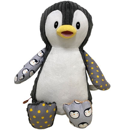 Dark grey coloured penguin plushie teddy with accent fabric on legs and arms of pictures of penguins, with a white belly ready to be personalised