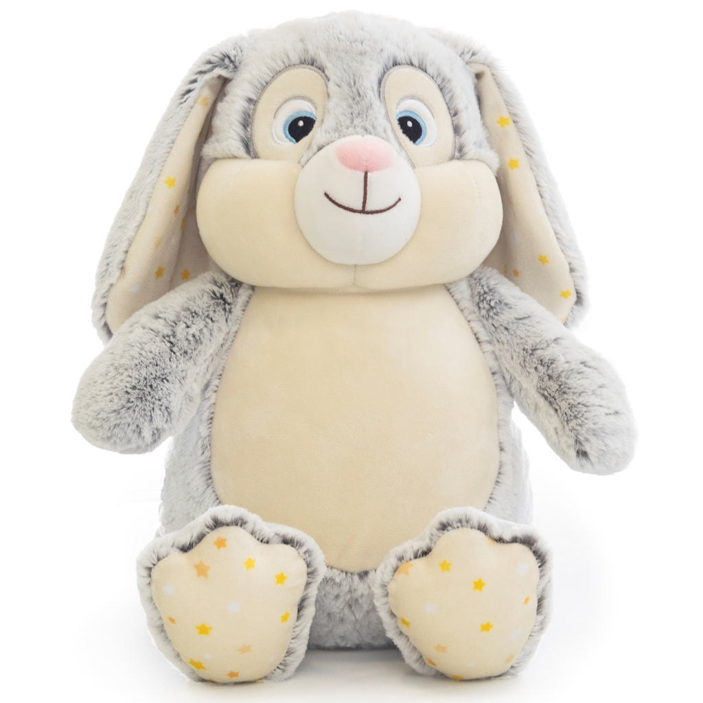 Grey bunny plushie teddy with blue eyes and long floppy ears with accent material of light yellow with yellow and white stars on the ears and feet pads ready to be personalised on the belly