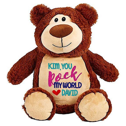Brown bear plushie teddy with embroidered personalised you rock my world message for Valentines Day