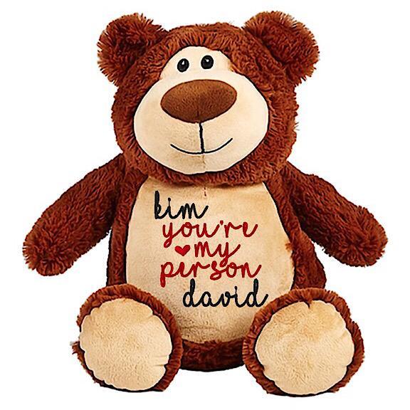 Brown bear plushie teddy with embroidered personalised you're my person message for Valentines Day